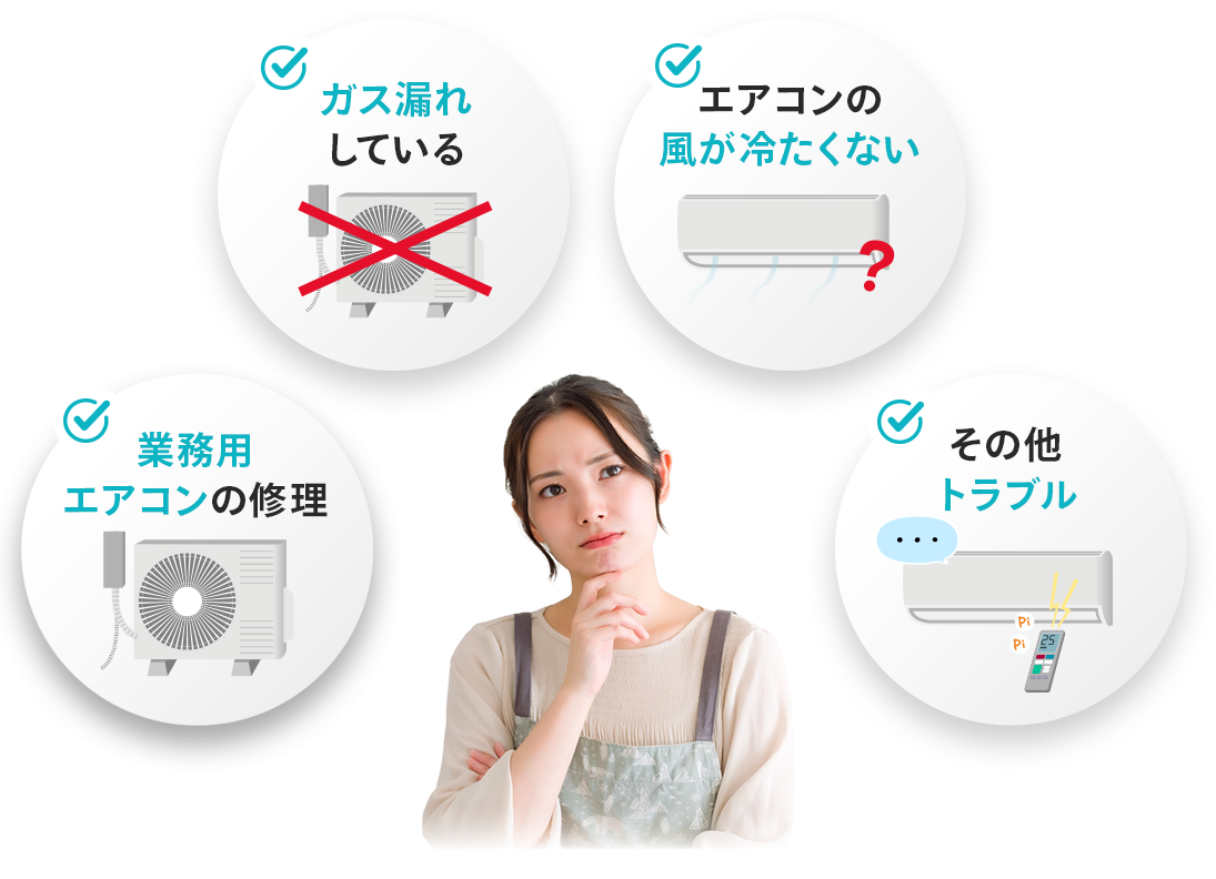 室外機が壊れている、エアコンの風が冷たくない、水漏れしている、業務用エアコンの修理、その他トラブル